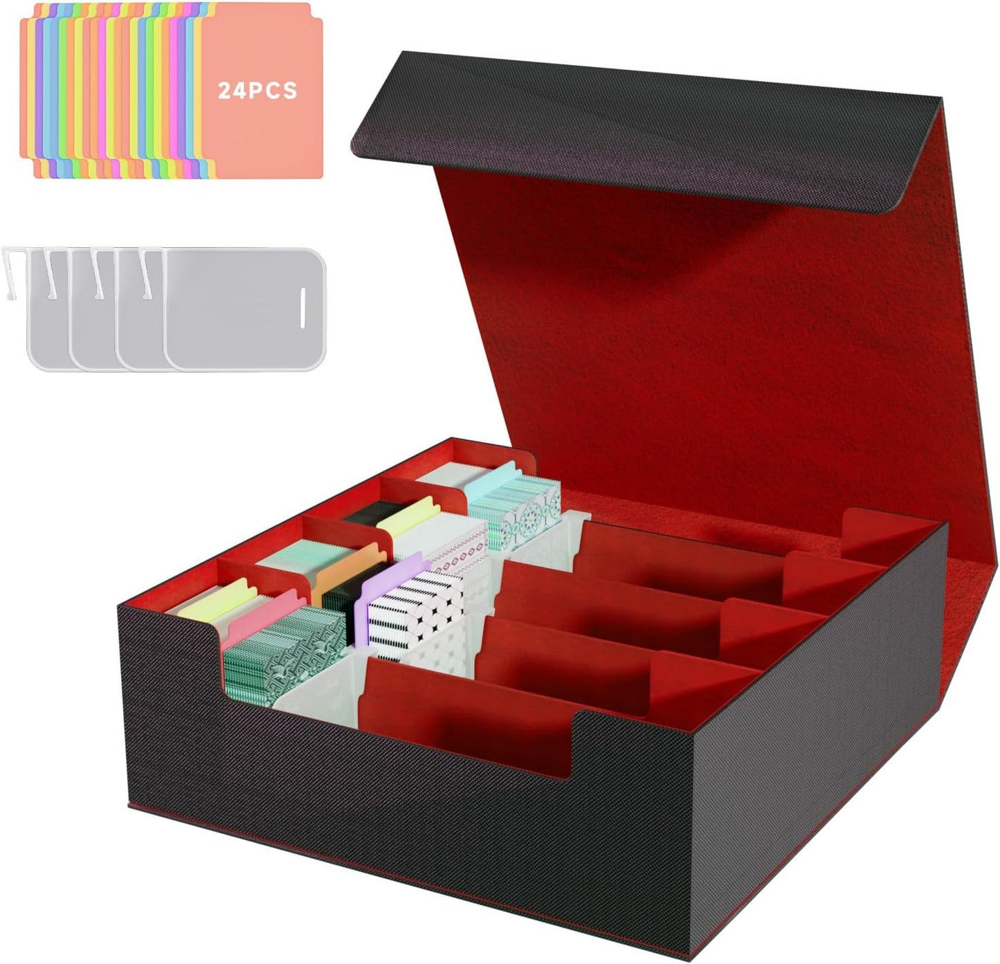 UNORUG Card Case Card Storage Case PU Material Card Storage Case 3000+ Large Capacity Storage and 4 Card Dividers 24 Labels, Suitable for Various Card Games (Black Red)