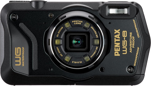 Pentax WG-8 Black Genuine Outdoor Camera, 20 M Waterproof, 20 Megapixels, Wide Angle 1.1 inches (28 mm), 5x Optical Zoom, 6 Multi-Function Ring Lights, Works in Construction and Sites, Equipped with