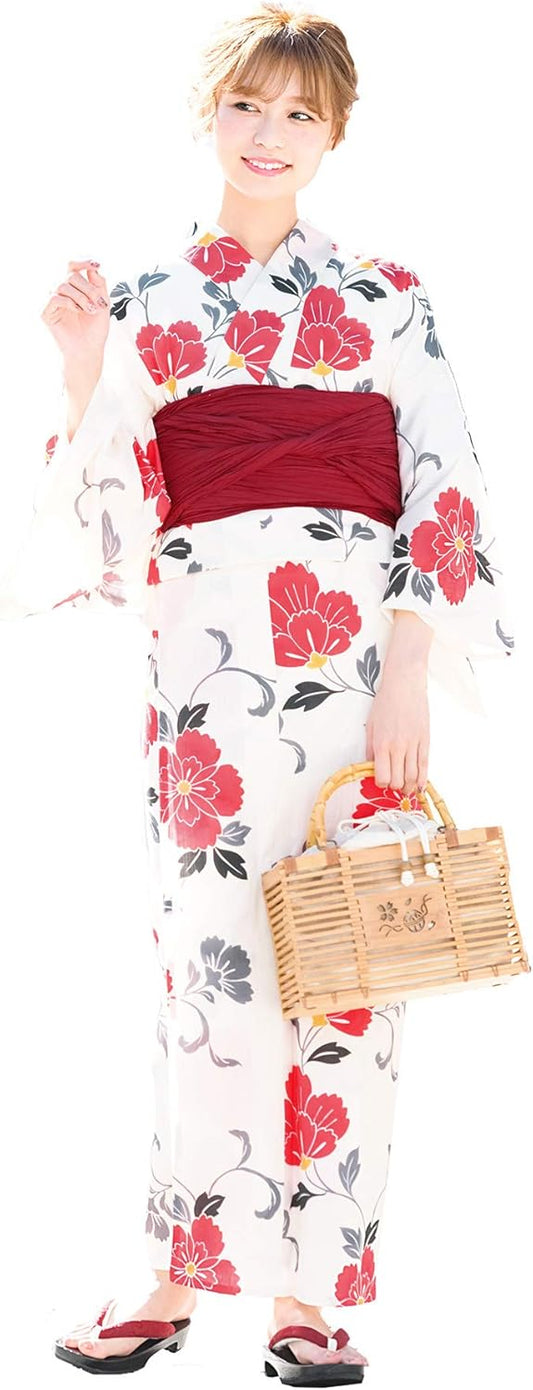 SOUBIEN Women's Yukata 2-Piece Set (Yukata/Waistband) Flower Fan Goldfish