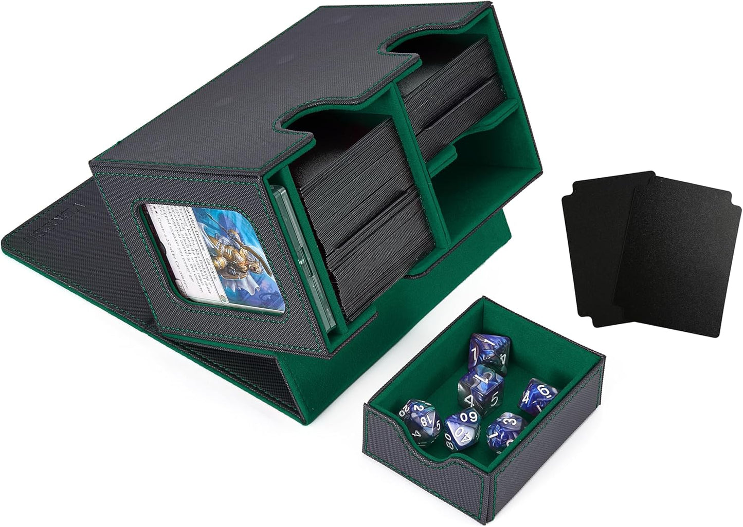 Venssu Deck Case Trading Card Case Card Display Window Dice Holder 200-Card Capacity with 2 Dividers and 1 Magnetic Loader Compatible with Sleeves (Black Interior Green) for MTG Yu-Gi-Oh! Duel Masters