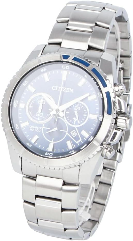 CITIZEN AN8201-57L Men's Watch, Waterproof, Quartz, Analog, Chronograph, Stainless Steel, Metal, Silver, Navy,