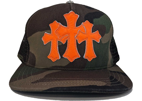 CHROME HEARTS 'ORANGE CROSS' CAMO CEMETERY TRUCKER HAT