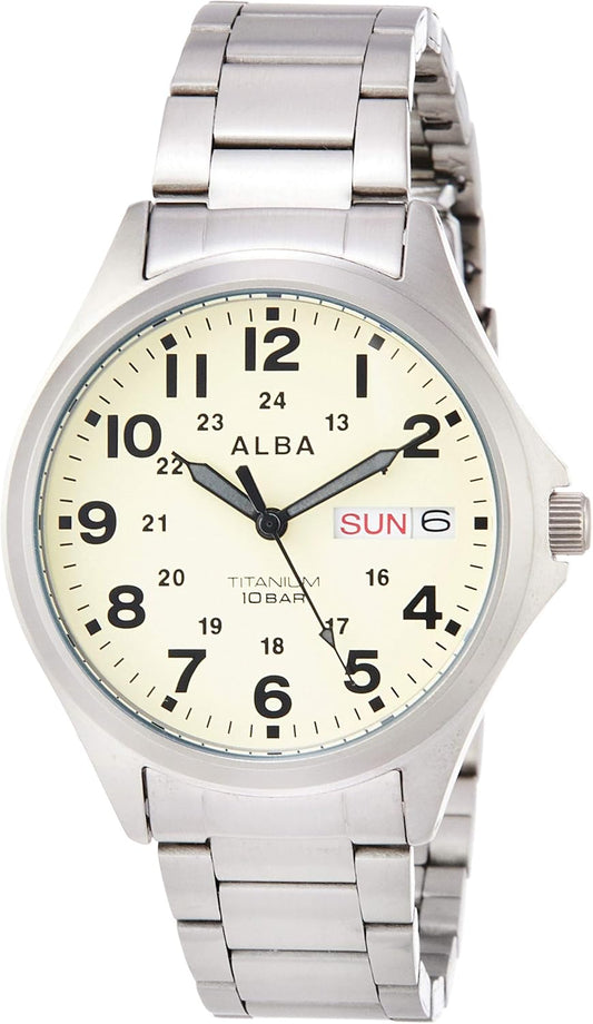 Seiko AQPJ401 Men's Wristwatch, Quartz, Titanium, Sporty, Reinforced Waterproof for Daily Use (10 ATM), Date and Day Notation, Silver, Dial Color - Cream, Quartz Titanium Sporty Watch