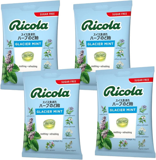 Ricola Ricora 4 Pack Glacier Mint Herbal Candy 1 Bag 2.5 oz (70 g) Swiss Herbal Candy Ricola No Artificial Flavors or Colors Used Bulk Buy Taste Test Herbal Extracts Throat Candy Individually Wrapped