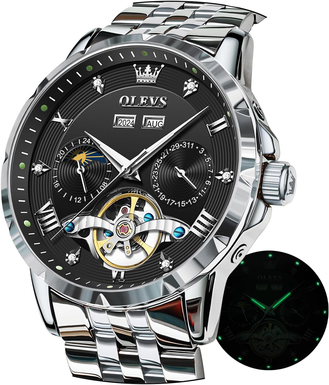 OLEVS Men's Mechanical Wristwatch, Automatic Winding, Moon Phase, Stylish, Skeleton, Waterproof, Popular, Luminous Watch for Men, Black & White