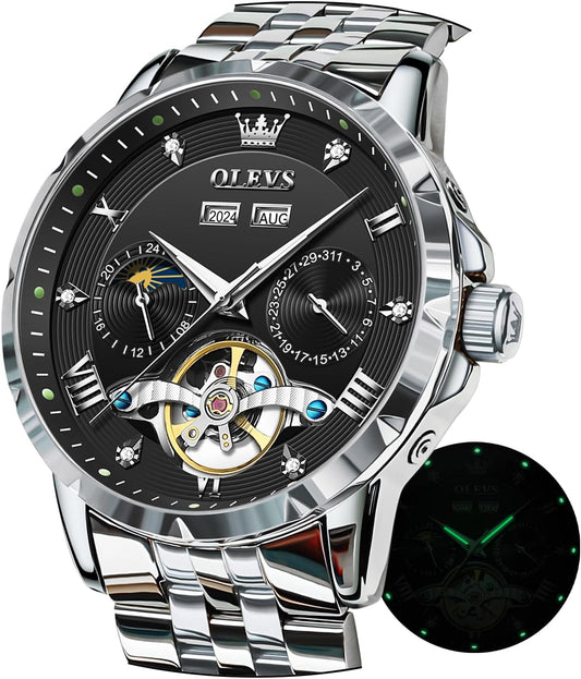 OLEVS Men's Mechanical Wristwatch, Automatic Winding, Moon Phase, Stylish, Skeleton, Waterproof, Popular, Luminous Watch for Men, Black & White