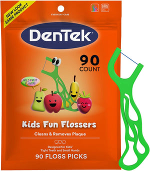DenTek Fun Flossers - Palillos de hilo dental para niños con sabor a fruta silvestre, 90 unidades