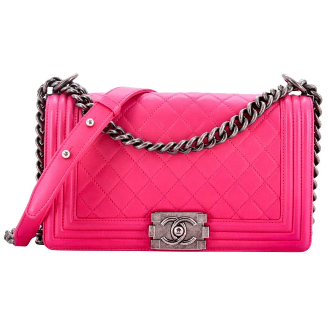 CHANEL 'BOY FLAP' QUILTED LAMBSKIN PINK MEDIUM BAG