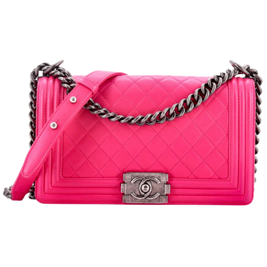 CHANEL 'BOY FLAP' QUILTED LAMBSKIN PINK MEDIUM BAG