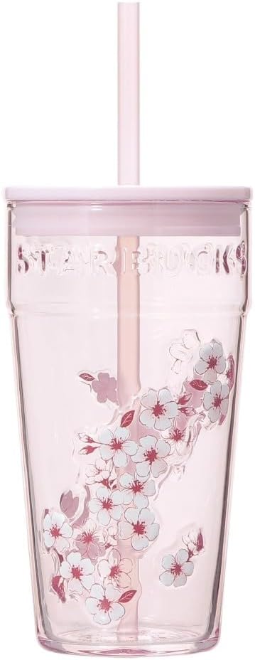 Starbucks SAKURA 2026 Vaso de cristal, rosa, 16.0 fl oz, con pajita