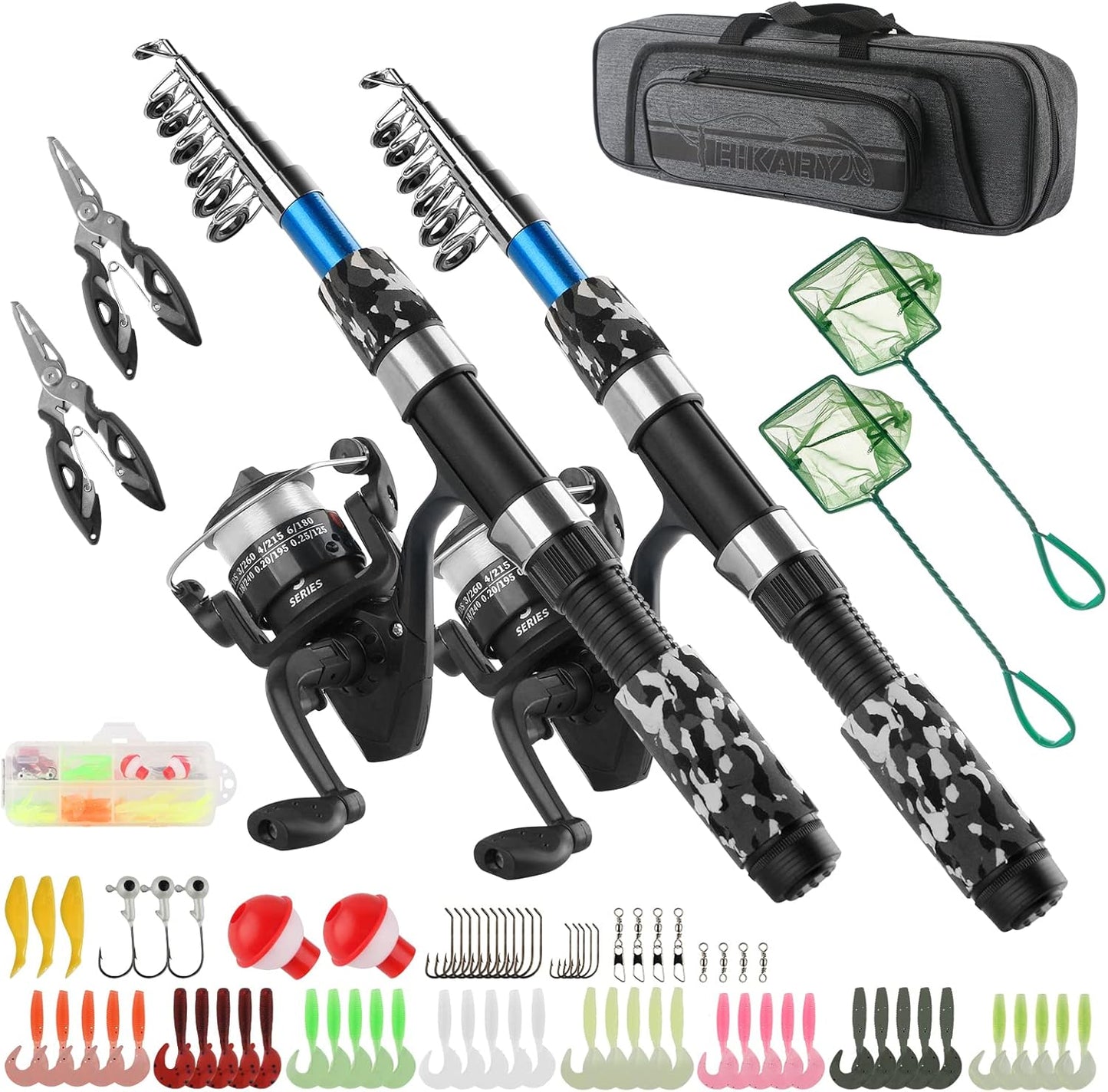Hikary Rod Set of 2 Fishing Rod Set, Beginner, Hikary Rod and Reel Set, Spinning Rod, Spinning Reel, Sea Fishing Set, Compact Set, Introductory Set, Fiberglass Rod, Portable, Lightweight, Fishing