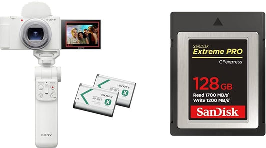 Sony ZV-1II Compact Digital Camera VLOGCAM Vlog Camera ZV-1II Shooting Grip Kit with Windscreen Zoom Lens, White ZV-1M2G W + [SanDisk Genuine] CFexpress Type B 128GB Max Read Speed 1700MB/s SanDisk