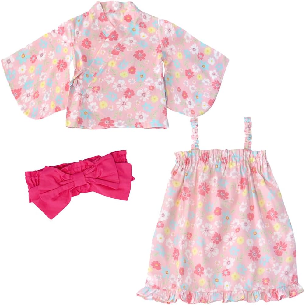 SLINX HF08 Yukata, Children, Girls, Baby, Kids, Summer Festival, Summer Kimono, Yukata, 3-piece Set, Obi Set, Japanese Pattern, One Piece Top and Bottom Set, With Obi, Yukata Dress, Fireworks Festival