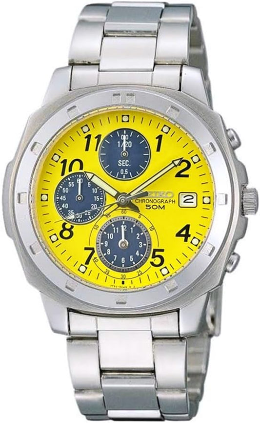 Seiko 1/20 Second Chronograph Quartz Wristwatch, Men's Silver, Overseas Model, Silver x Yellow SND409P, Sporty