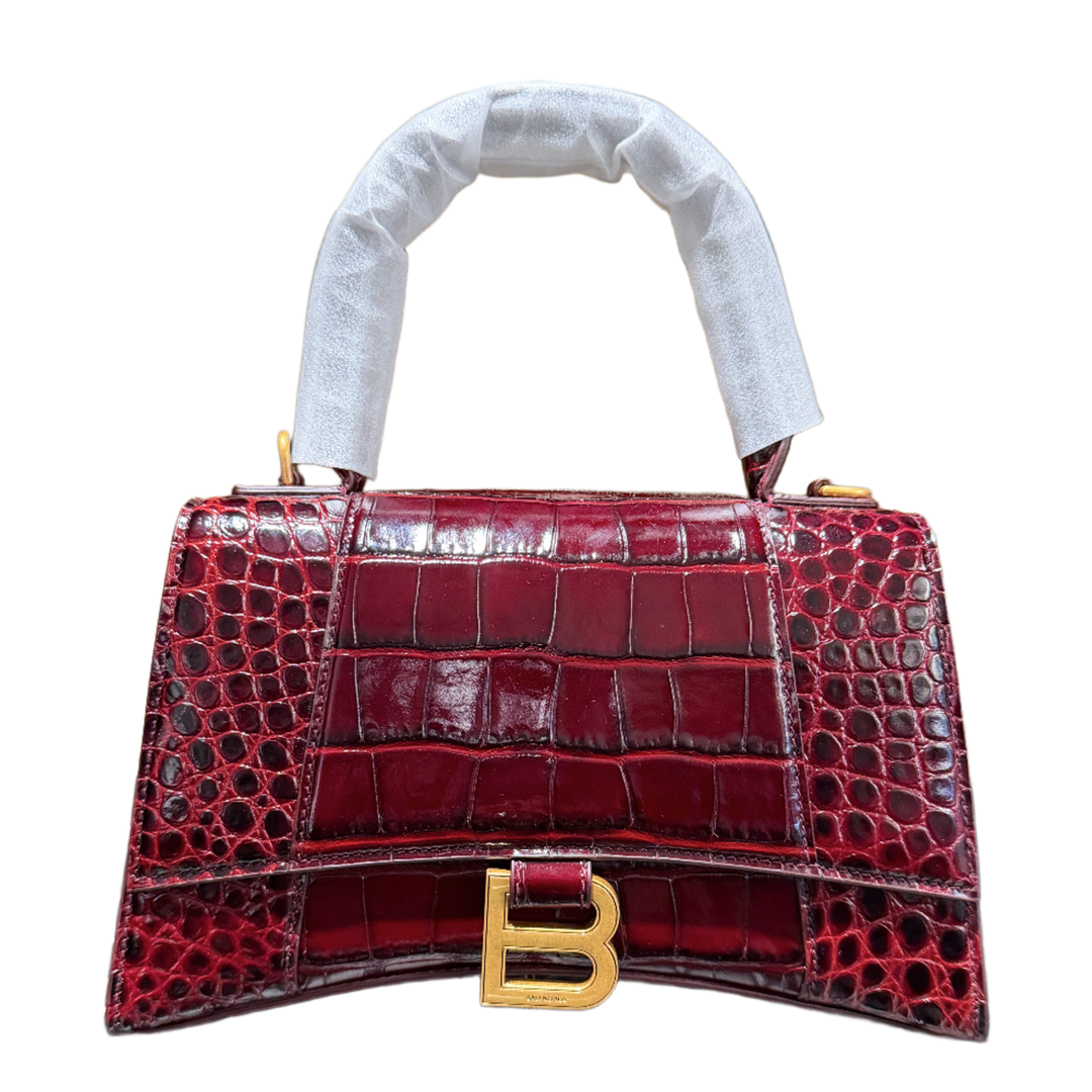 BALENCIAGA HOURGLASS S 'CROCODILE EMBOSSED CALFSKIN' BURGUNDY DARK RED GOLD HARDWARE HANDBAG