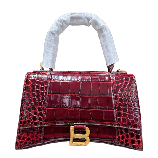 BALENCIAGA HOURGLASS S 'CROCODILE EMBOSSED CALFSKIN' BURGUNDY DARK RED GOLD HARDWARE HANDBAG