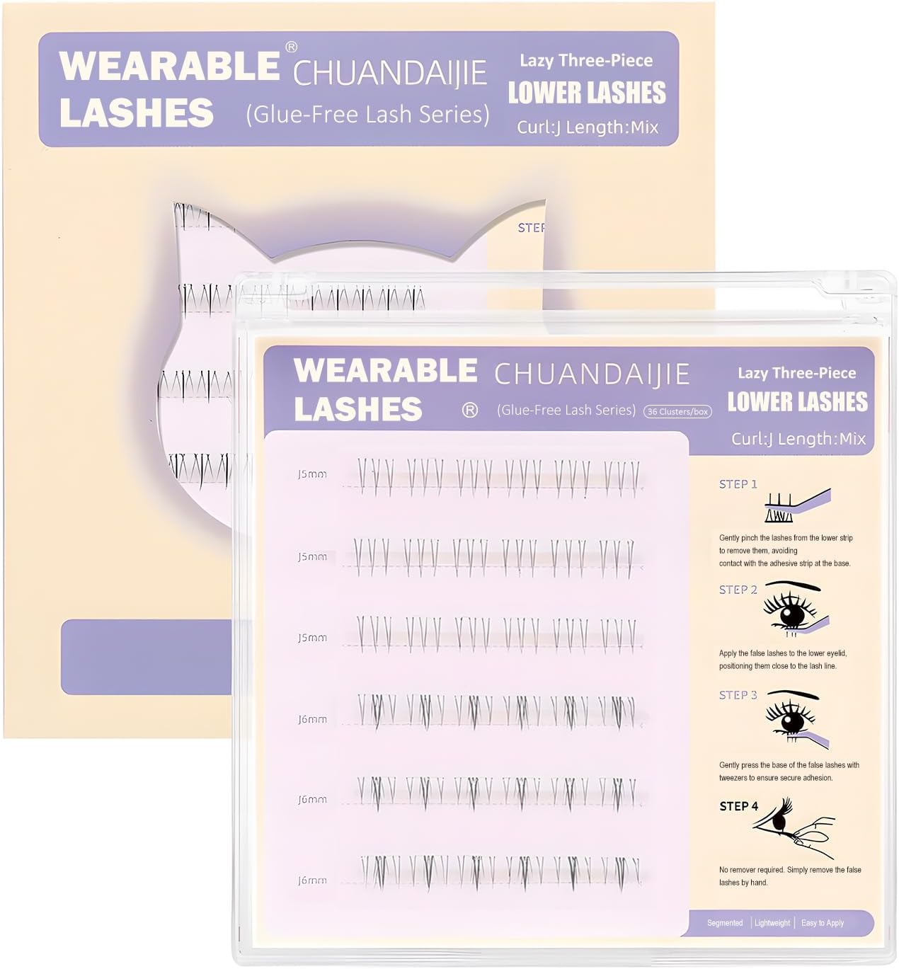 TORMEN Lower Eyelashes, No Glue, Natural Finish, For Women (Pack of 36, Cat Type, 0.2 inch (5 mm), 0.2 inch (6 mm)