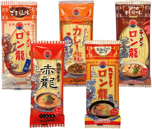 Ronryu Ramen, Assorted 5 Types, Eating and Comparing Set (Red Dragon Ramen, Tonkotsu, Sesame Salty, Spicy Curry, Soy Sauce Pork Bone Flavor), Hinode Milling + Pocket Tissue
