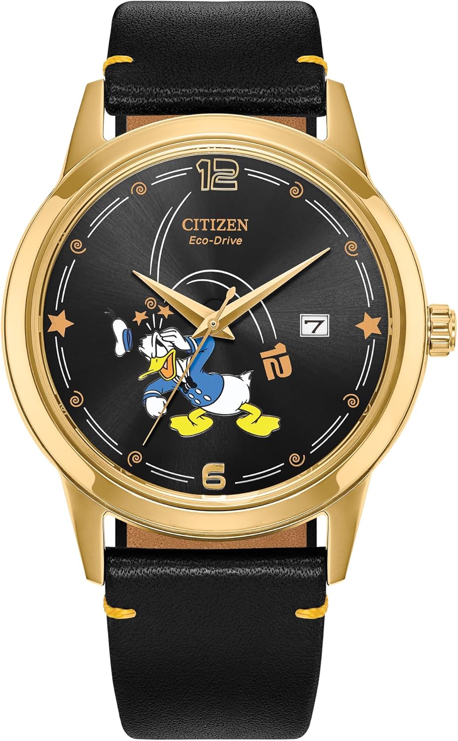 Citizen Men's Eco-Drive Disney Donald Duck Watch with Black Leather Strap Black Dial Date (Model: AW1789-04W)