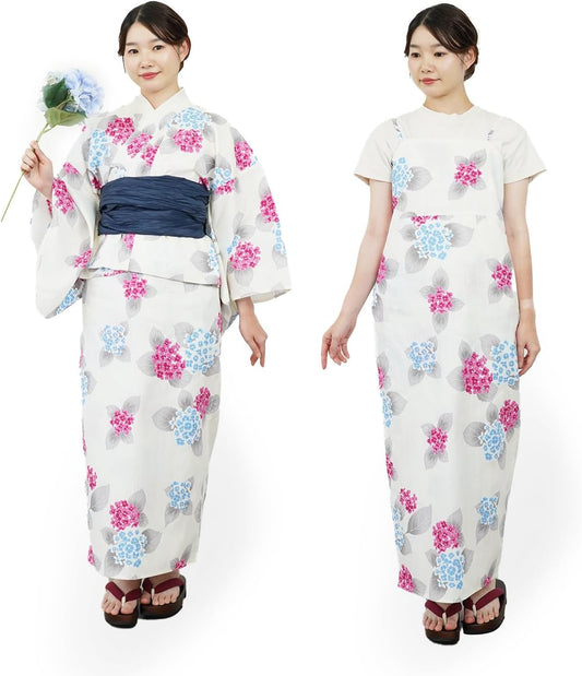 Amemari Yukata, 2-Piece Set, One-Piece Yukata Set, Wrinkled Waistband, Women's, 2-Way Coordinated, Easy to Wear, Trend Yukata, 100% Cotton, 8 Patterns, One Size Fits Most, Dull Color, Cute