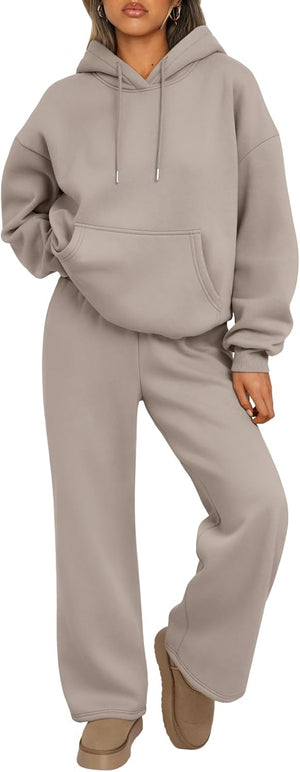 Trendy Queen Conjunto de dos piezas para mujer, ropa de descanso de otoño, conjuntos de moda con sudadera holgada y pantalones de pierna ancha, ropa de invierno | Oversized Drawstring Hoodies&Wide Leg Sweatpants Outfits