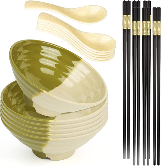 Ramen Bowl, Instant Ramen Bowl, For Udon, Buckwheat & Noodles, Breakfast, Melamine Soup Bowl, Dishwasher Safe, Udon Soba for Asian Noodles, Set of 6, Chopsticks and Spoon Set (Color: B-6 sets/Gradient, Size: 8 inches)