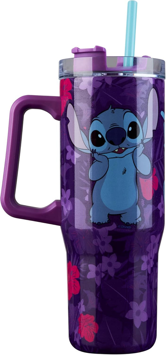 Taza de viaje aislada de Disney Stitch de 33 oz de acero inoxidable con asa y popote, botella de agua térmica de doble pared con aislamiento al vacío, compatible con portavasos para bebidas frías y