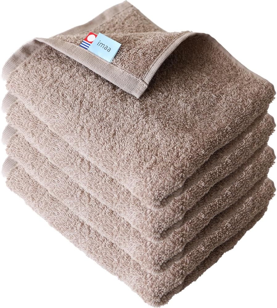 imaa Imabari Towels, Certified Face Towels, Set of 4, Fluffy, Thin, Absorbent and Quick Drying, Made in Japan, 100% Cotton, Vacuum Compressed Pack (4 Light Brown)