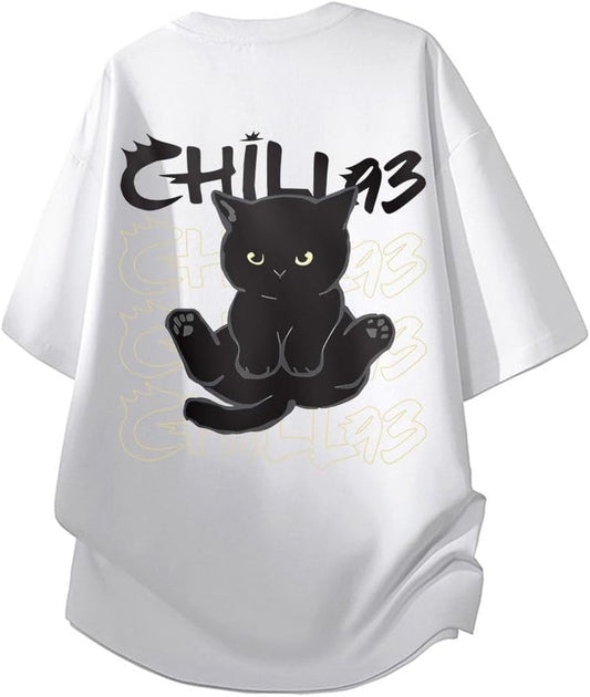 Summer Clothing, Men's, Short Sleeve, 100% Cotton, Large Size, Funny, Cute Cat Pattern, Printed, Round Neck, Half Sleeve, Top, Lightweight, Soft, Comfortable, Casual, Cute, Fashionable