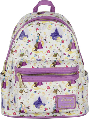 Loungefly Disney Tangled Rapunzel Flynn Ryder y Maximus - Mochila pequeña con estampado completo