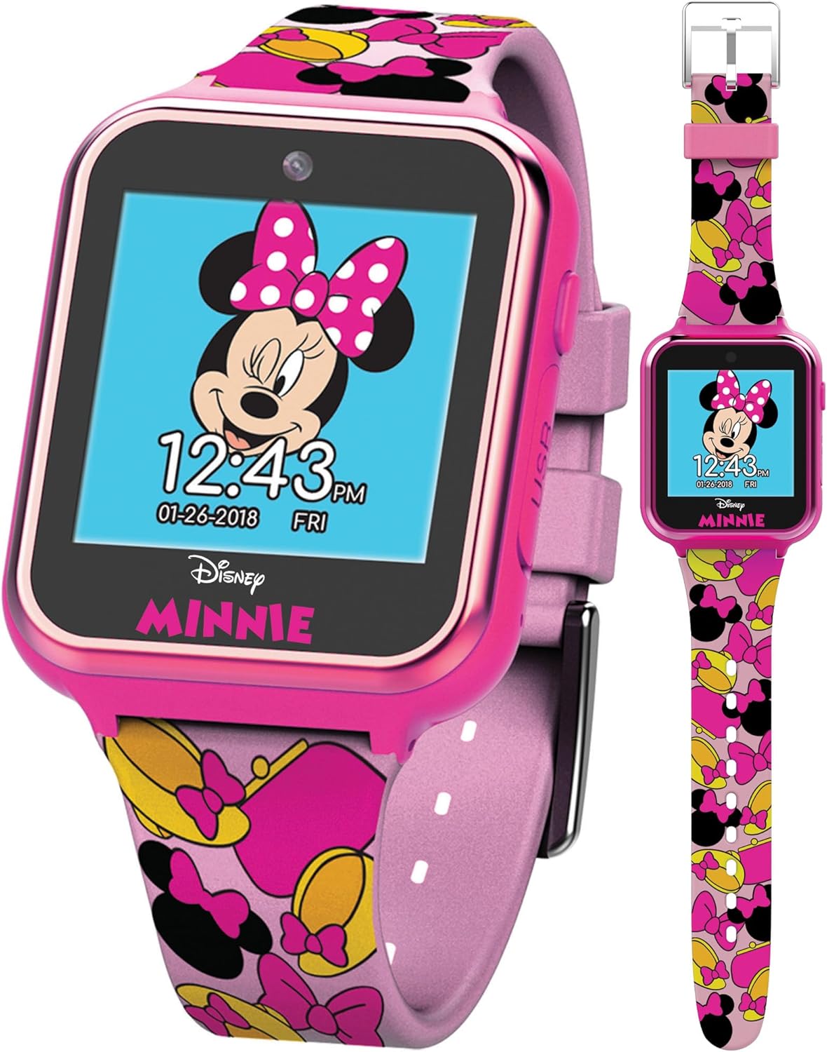 Accutime Kids Disney Minnie Mouse Pink Educational Touch Screen Smartwatch Toys for Girls Boys and Toddlers - For Selfie Camera, Learning Game, Alarm, Calculator, Pedometer and More (Size: 40mm),