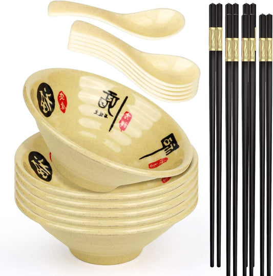 Melamine Ramen Bowl Chinese Japanese Style Soup Bowl Ramen Japanese Ramen Bowl, Instant Ramen Bowl, For Udon, Soba, Fo, Noodles, Breakfast, Melamine Material, Soup Bowl, Ramen, Asian Cooking (Color: B-6 sets/beige, Size: 9 inches)