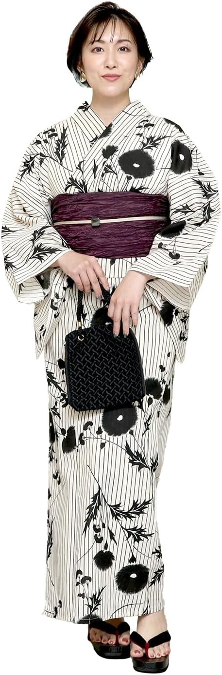 Kyoto Kimono Yuzen Women's Yukata Waistband Set of 2, Monotone, White, Black, Retro, Yukata, Cotton, Summer, Kimono