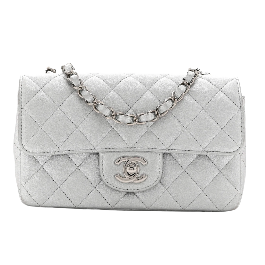 CHANEL 17B CLASSIC QUILTED 'METALLIC' LAMBSKIN RECTANGULAR MINI FLAP SILVER HARDWARE