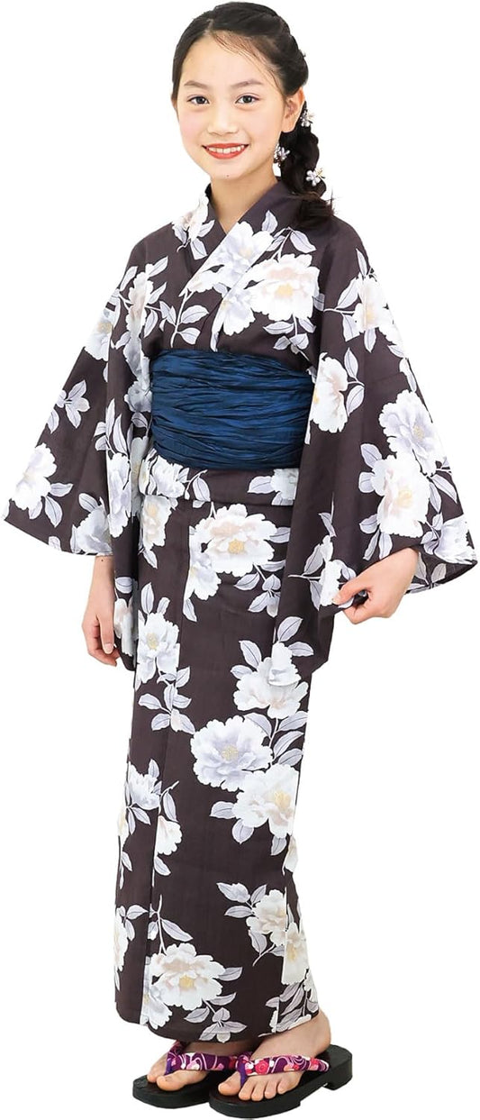 Nishiki Yukata 2-piece Set, Yukata + Sash, For Girls, Children, Tailored, Tie Belt, Fireworks Display, Retro Modern, Floral Pattern, 55.1 inches (140 cm), 59.1 inches (150 cm)