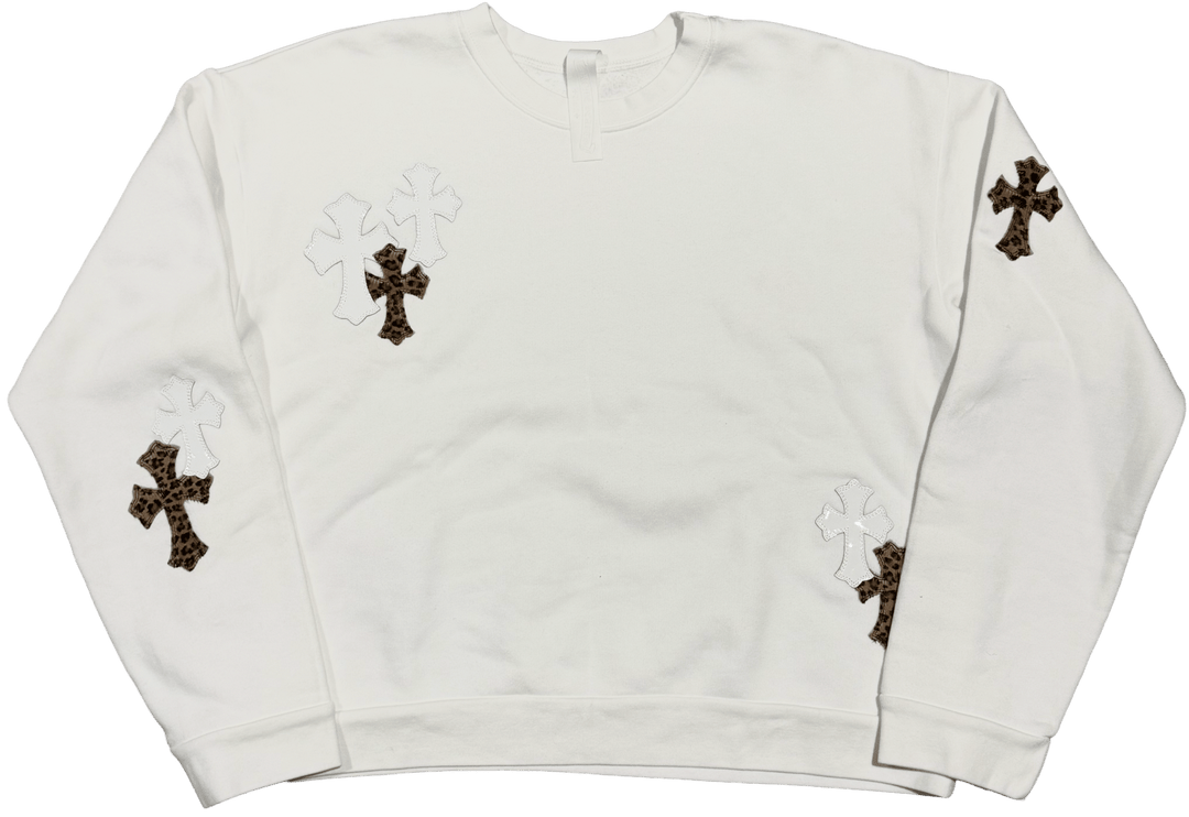 CHROME HEARTS 'WHITE LEOPARD' CROSS PATCH WHITE CREWNECK