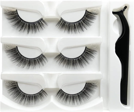 Angzhili 3 Pairs Self Adhesive False Eyelashes Reusable Glue Free Eyelashes Natural Fluffy False Eyelashes Whispy Hair Extensions Eyelashes Set Makeup Dark Eyelashes Soft Eyelashes with Curler