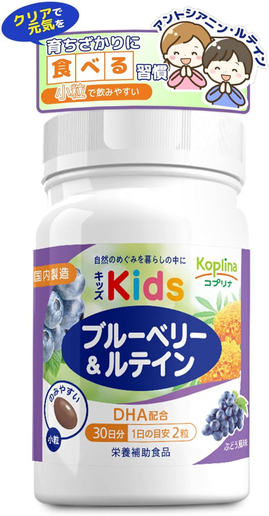 Kids' Blueberry & Lutein 60 Tablets, 30 Day Supply (Small Soft Capsules, Grape Flavor, Parenting Support, DHA Blended, Seeing Power, Children, Health, Supplements, Nutritional Supplement, Safe