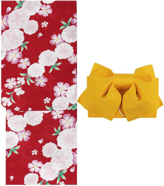 Kimono Japanese Net Shop Nset1377,set0700 Women's Adult Yukata 2-Piece Set (Yukata + Obi) F Size Women's Yukata Black White Red Green Festival Fireworks