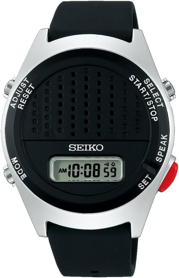 Seiko Voice Digital Watch, Unisex, Case: Silver & Black (Round), Band: Black (Silicone), New