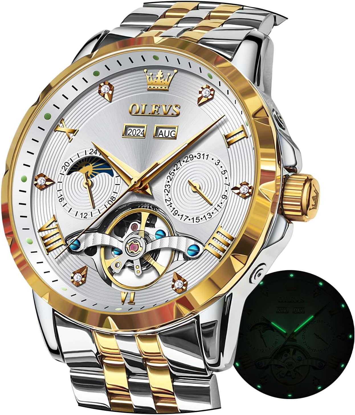 OLEVS Men's Mechanical Wristwatch, Automatic Winding, Moon Phase, Stylish, Skeleton, Waterproof, Popular, Luminous Watch for Men, white/gold, Bracelet Type