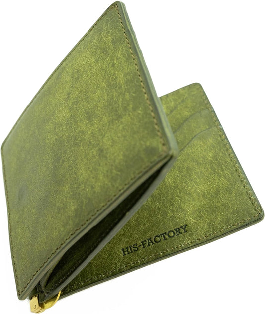 Hizu Factory Pueblo Genuine Leather Money Clip (with Coin Pocket) Made in Japan Artisan Handmade, oliva