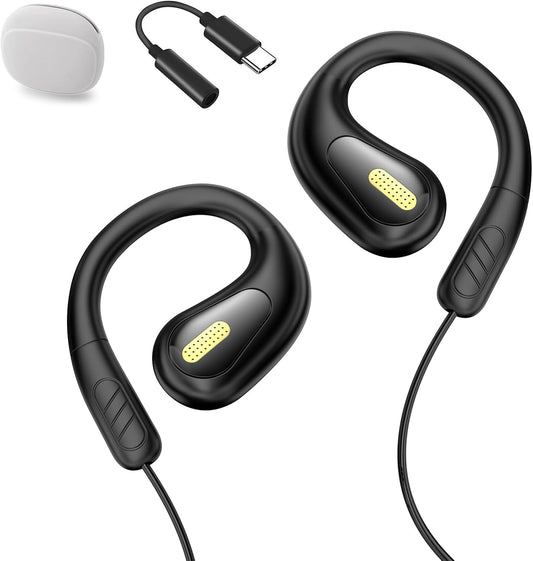 【Latest Improved 2.0】Wired Earphones, 0.14 inch (3.5 mm) Jack, Ear Hook, Open Ear, Wired with Mic, No Blockage, Hands Free, Calling, Noise Canceling Mic, Improved from Bone Conduction Earphones, Open