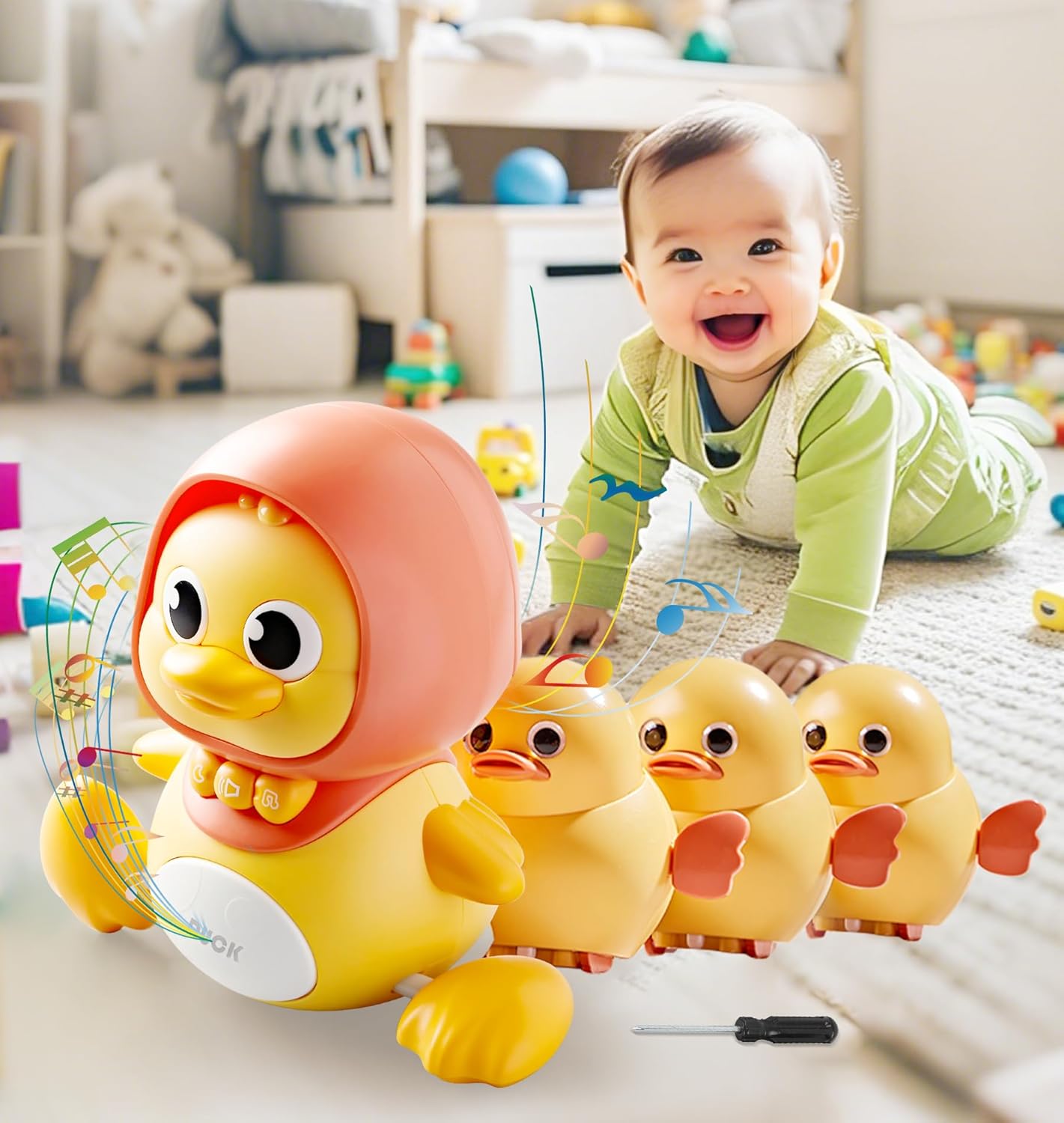 Baby Toy, 0 Year Old, Duck, Set of 4 (Includes Driver & Instructions), 1 Year Old, 2 Year Old, 3 Years Old, Boys, Girls, Birthday Gift, Educational Toy, Baby Gift, Music, Light Included (1 Mom