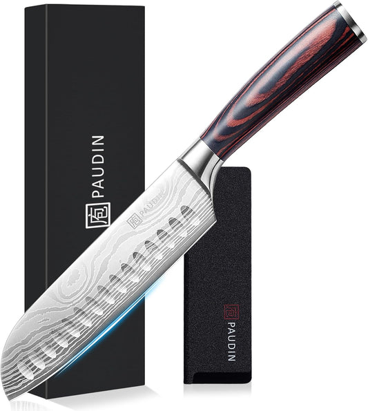PAUDIN Santoku Knife, 6.7 inches (170 mm) with Sheath, Stainless Steel Knife, Well-Cut, Chef's Knife, Wooden Handle, Carving Knife, Kitchen Knife, Vegetables, Fruits, Utility Knife, Home Use, Gift, Kitchen Tool