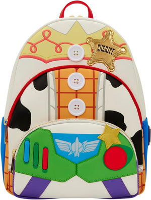 Loungefly Disney: Pixar - Toy Story 5 - to Infinity and Beyond - Woody, Jessie y Buzz Lightyear - Mochila de tamaño mediano con ribete de mezclilla estampada con triple bolsillo - Regalo para niños y