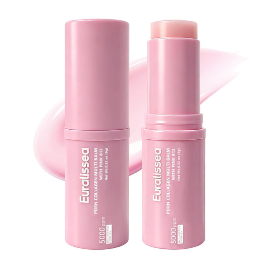 PDRN - Bálsamo para ojos, paquete de 2 unidades, bálsamo múltiple de colágeno con B12 rosa, cuidado hidratante debajo de los ojos para cara, cuello y líneas de sonrisa, 0.32 onzas cada uno