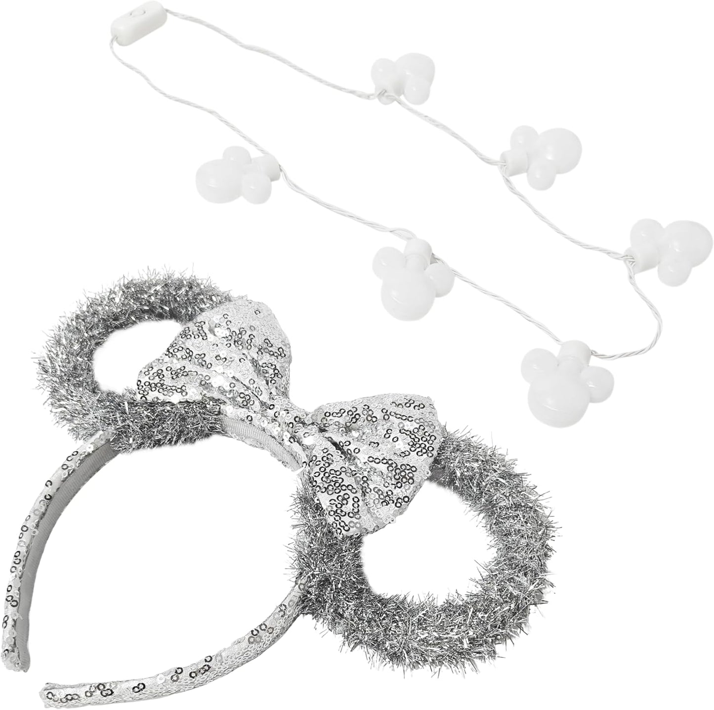 Disney Minnie Mouse Ensemble bandeau de Noël et collier lumineux – Oreilles de Noël avec clochettes, nœud à paillettes et breloques Mickey 3D – Accessoires de vacances pour enfants