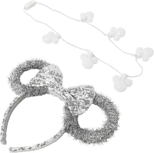 Disney Minnie Mouse Ensemble bandeau de Noël et collier lumineux – Oreilles de Noël avec clochettes, nœud à paillettes et breloques Mickey 3D – Accessoires de vacances pour enfants