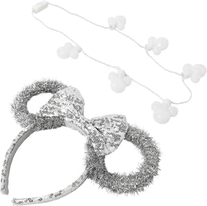 Disney Minnie Mouse Ensemble bandeau de Noël et collier lumineux – Oreilles de Noël avec clochettes, nœud à paillettes et breloques Mickey 3D – Accessoires de vacances pour enfants